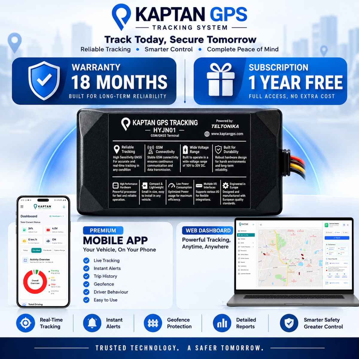 Kaptan GPS HYJN01 tracker with mobile app, web dashboard and real-time tracking