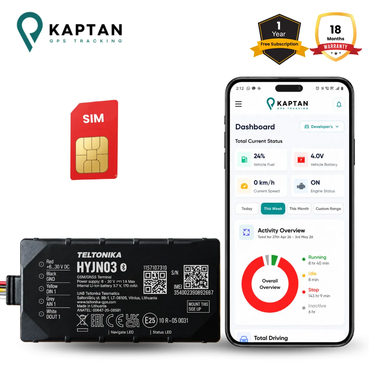 Kaptan GPS HYJN01 vehicle tracking system with mobile app and GPS tracker