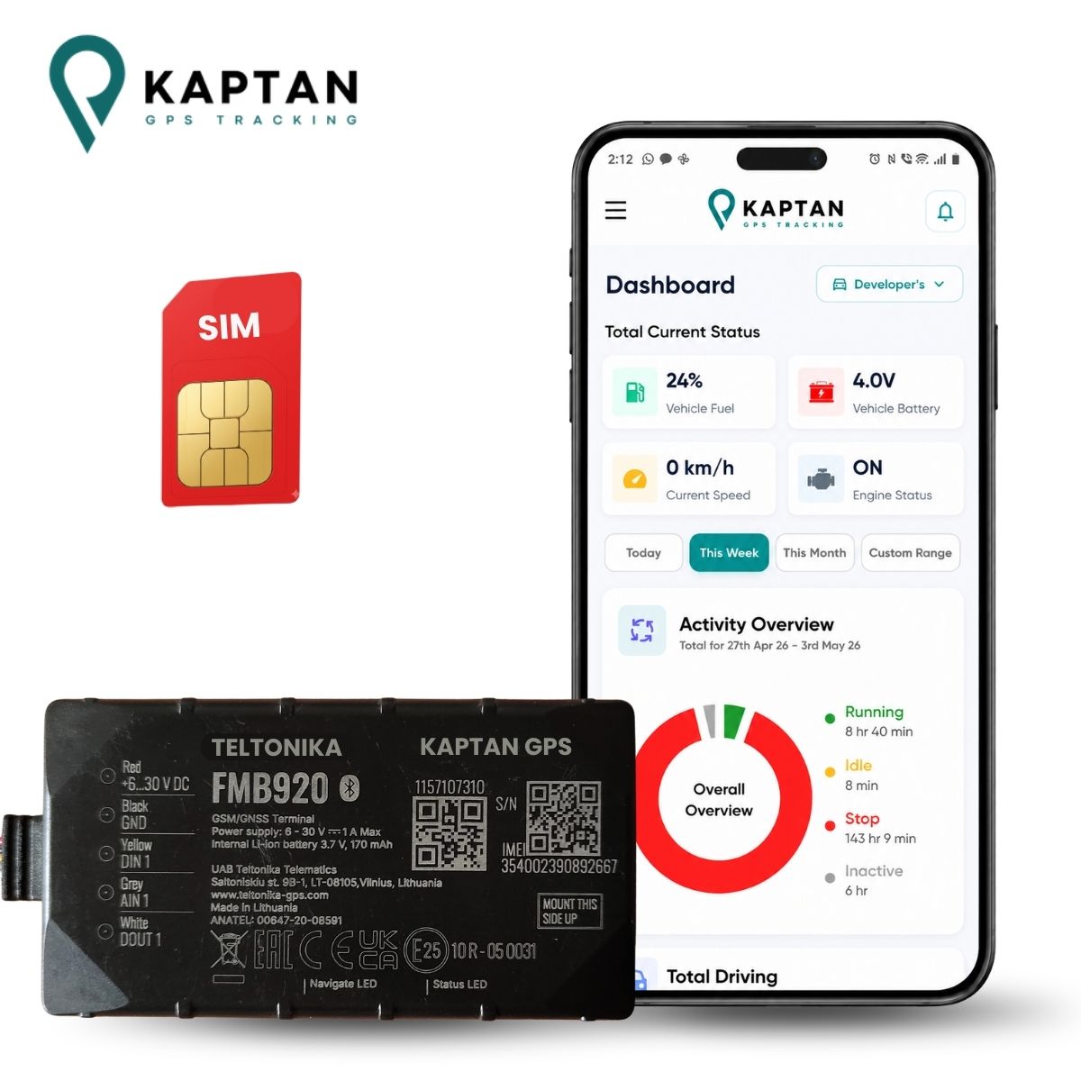 Kaptan GPS FMB920 Slim GPS Tracker - Front View