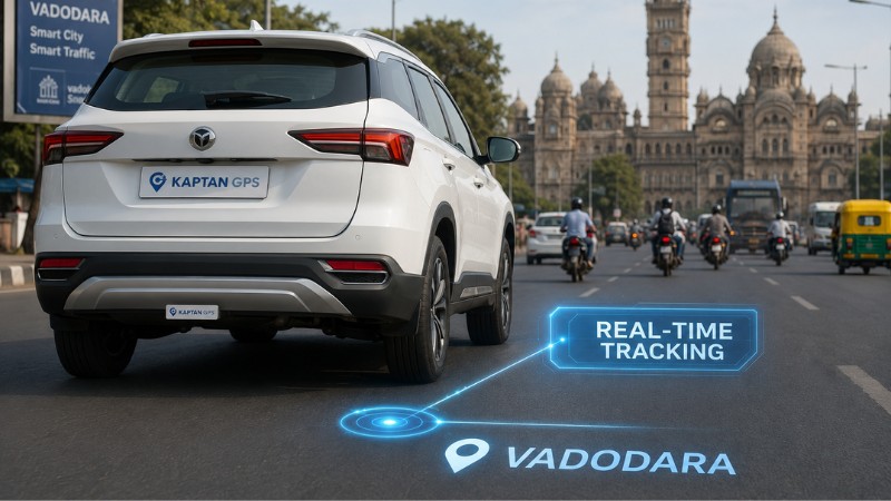 White SUV with KAPTAN GPS tracker driving on Vadodara road near Laxmi Vilas Palace featuring real-time vehicle tracking hologram.